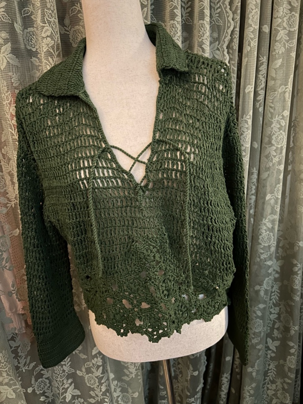Olive Green Crochet Lace-Up Long Sleeve Oversized Sweater Top